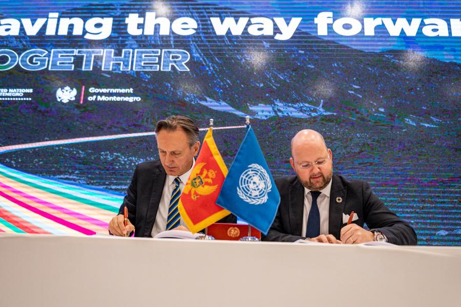 Minister of Foreign Affairs of Montenegro Ranko Krivokapić and the UN Resident Coordinator Peter Lundberg signing the UN Sustainable Development Cooperation Framework UNSDCF 2023-2027